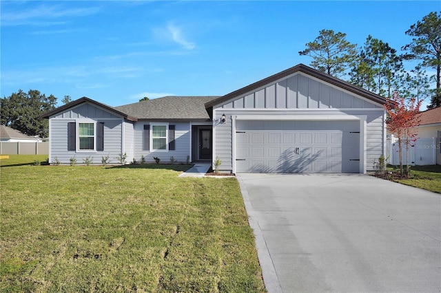 single story home with a front yard and a garage