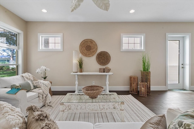 living room with a wealth of natural light and dark hardwood / wood-style floors