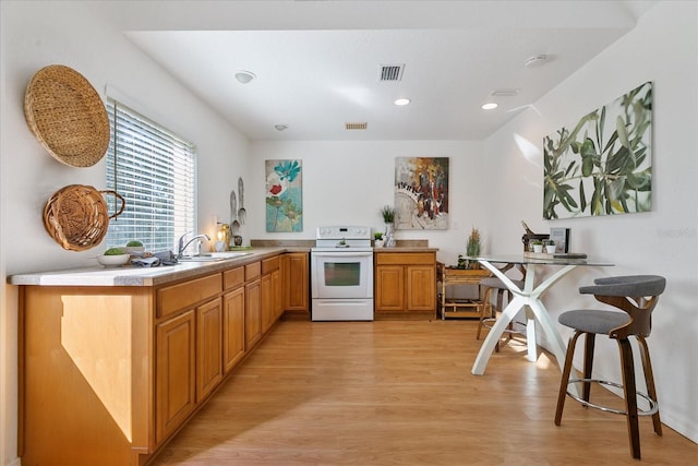 kitchen with kitchen peninsula, electric stove, light hardwood / wood-style floors, and sink