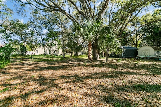 view of yard featuring a storage shed