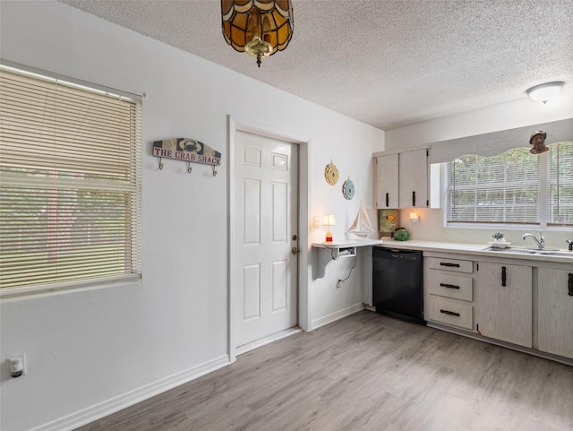 kitchen featuring sink, a textured ceiling, dishwasher, light hardwood / wood-style floors, and backsplash