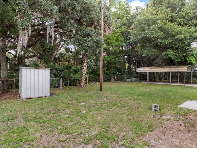 view of yard featuring a carport and a storage shed