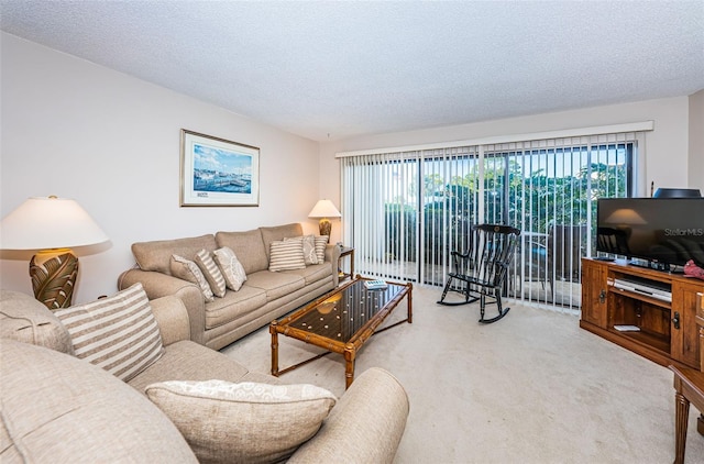 living room with light carpet and a textured ceiling