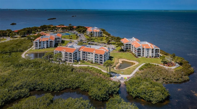 aerial view featuring a water view