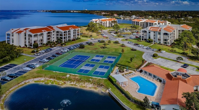 aerial view featuring a water view