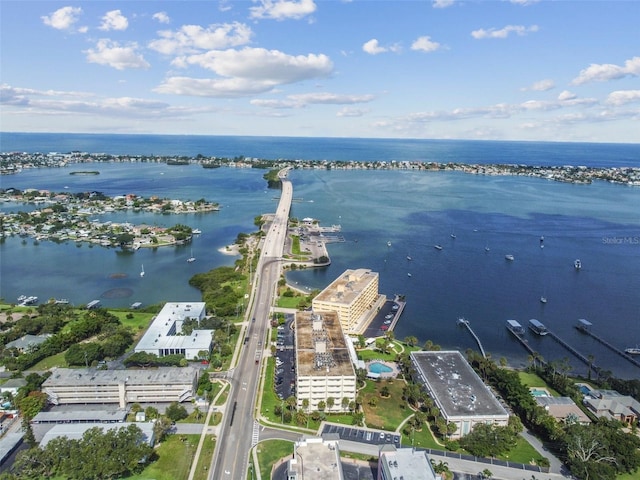 bird's eye view with a water view