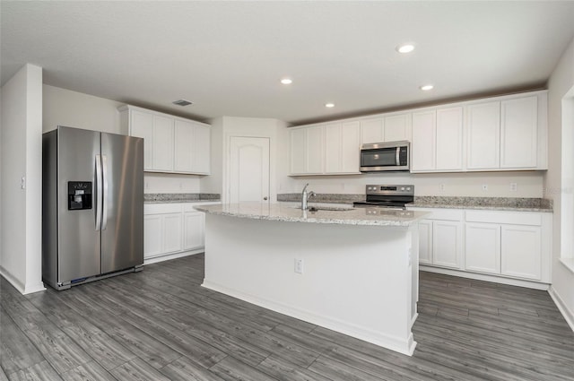 kitchen featuring a center island with sink, sink, white cabinets, appliances with stainless steel finishes, and dark hardwood / wood-style flooring