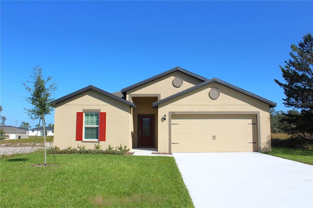 ranch-style home featuring a front lawn and a garage