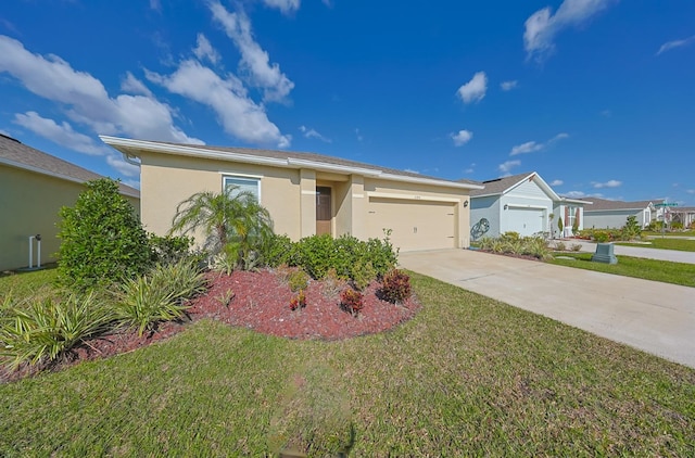 ranch-style house with a garage and a front yard