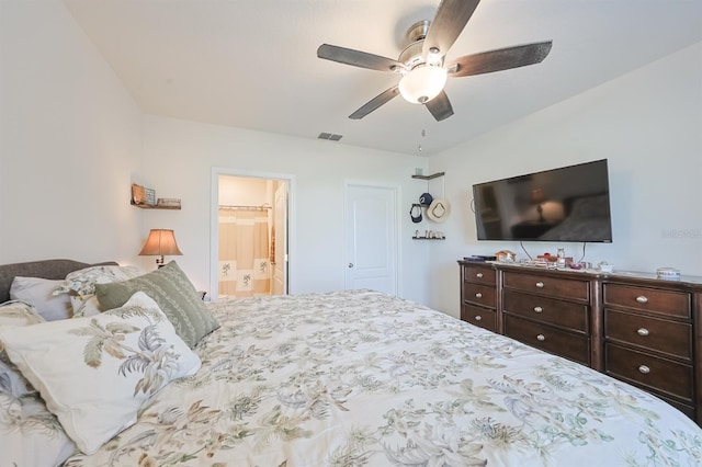 bedroom with ceiling fan and ensuite bathroom