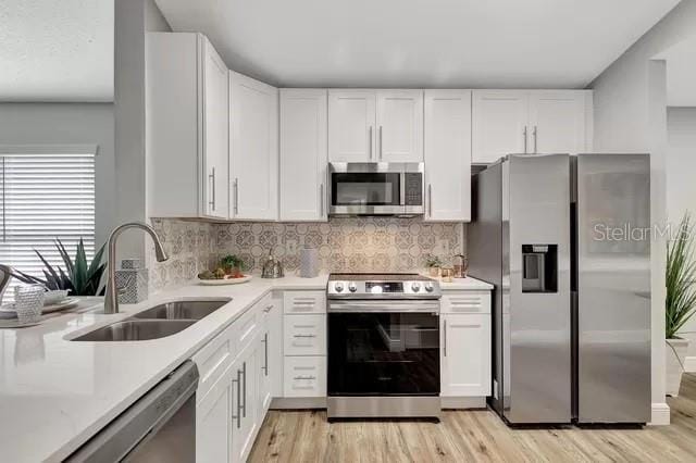 kitchen featuring white cabinetry, backsplash, sink, light hardwood / wood-style flooring, and stainless steel appliances