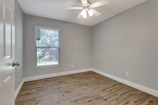 spare room with ceiling fan and light wood-type flooring