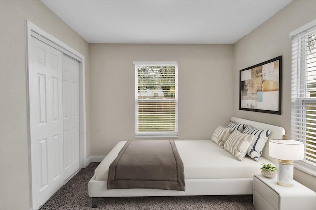 carpeted bedroom featuring a closet and multiple windows