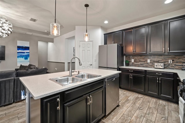 kitchen with sink, hanging light fixtures, tasteful backsplash, a center island with sink, and appliances with stainless steel finishes