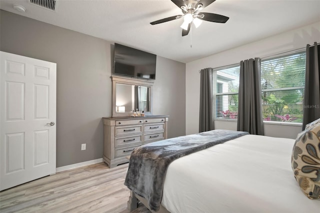 bedroom featuring ceiling fan and light hardwood / wood-style flooring