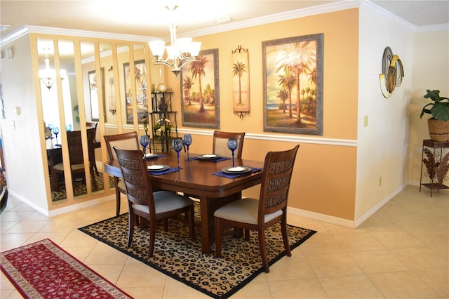 dining area with an inviting chandelier, ornamental molding, and light tile flooring