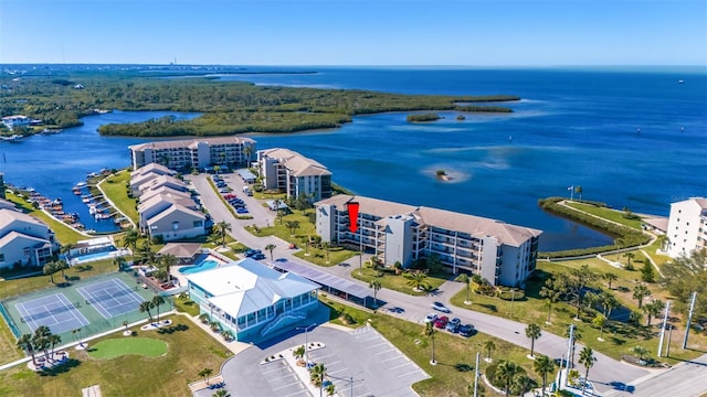 drone / aerial view with a water view