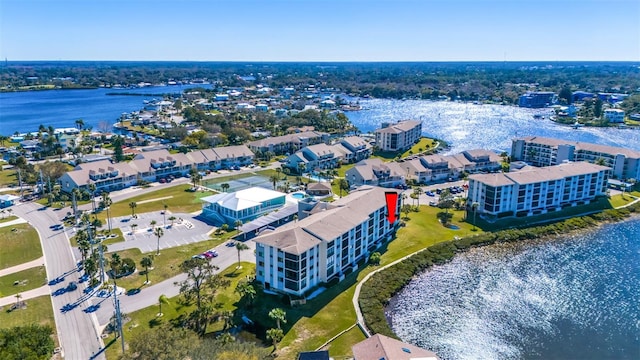 bird's eye view with a water view