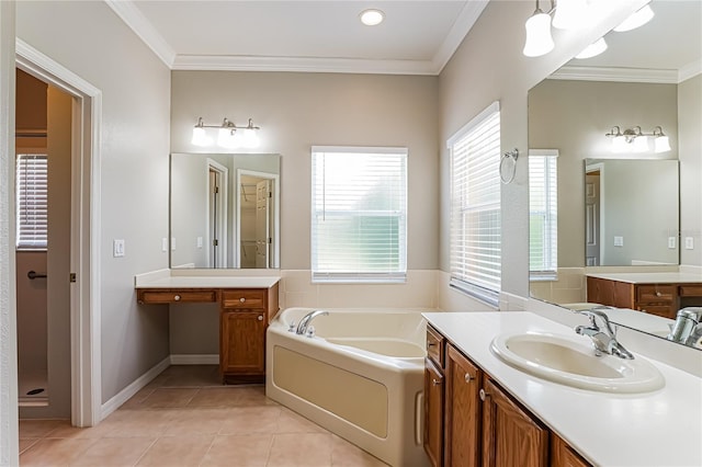 bathroom featuring tile patterned flooring, a washtub, ornamental molding, and vanity