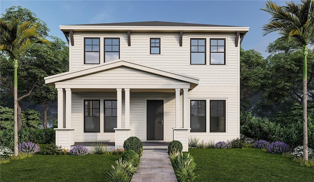 view of front of house featuring a porch and a front lawn