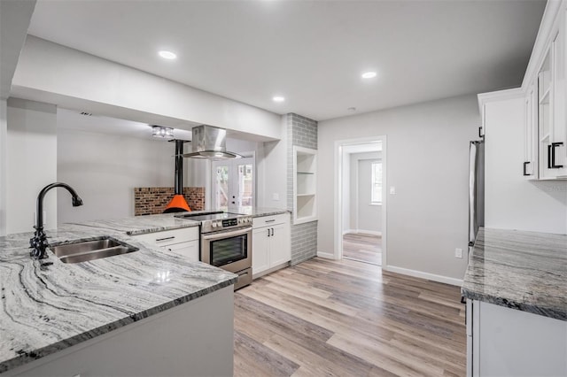 kitchen featuring white cabinetry, electric range, fume extractor, sink, and light hardwood / wood-style flooring