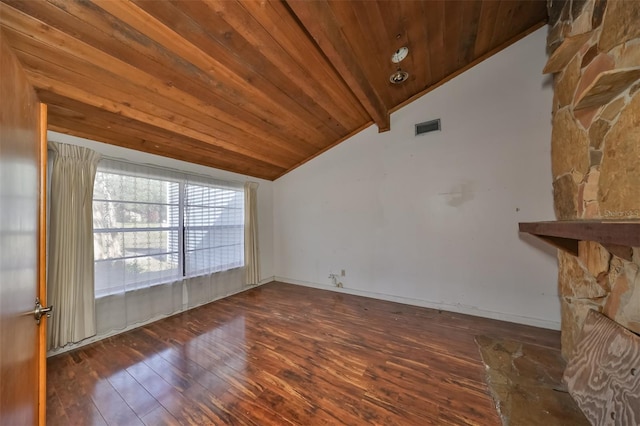 empty room with lofted ceiling, dark wood-type flooring, and wood ceiling