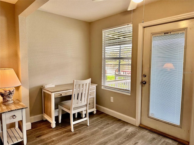 office featuring hardwood / wood-style floors and ceiling fan