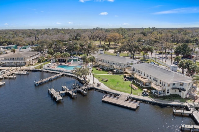 bird's eye view with a water view