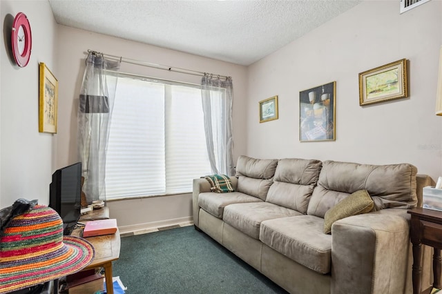 carpeted living room featuring a textured ceiling