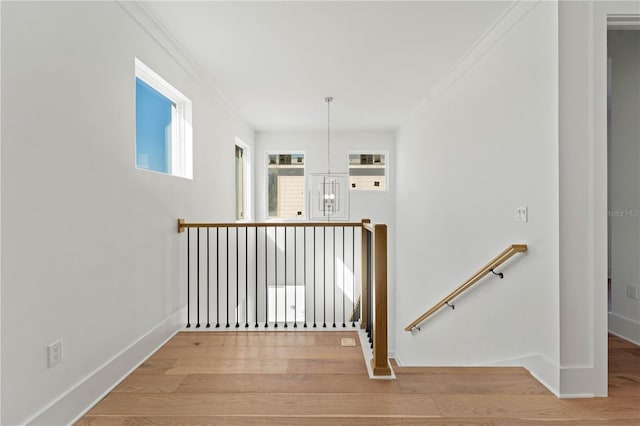 interior space featuring a chandelier, hardwood / wood-style flooring, and crown molding