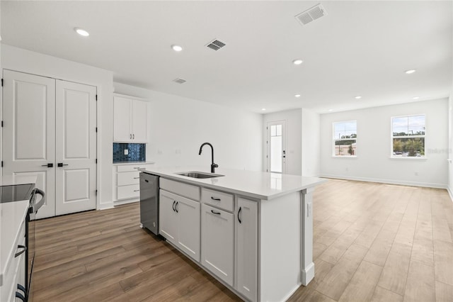 kitchen with appliances with stainless steel finishes, white cabinets, a kitchen island with sink, and sink