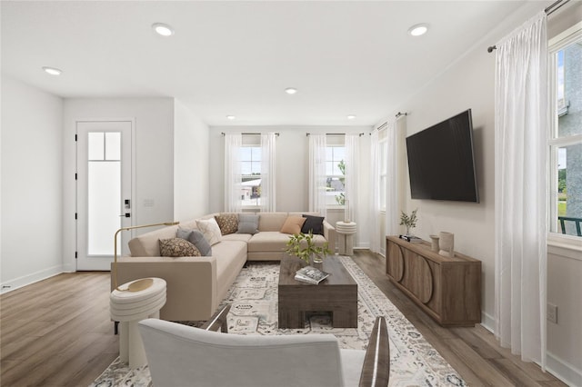 living room featuring light hardwood / wood-style floors and a wealth of natural light