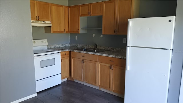 kitchen featuring sink, dark tile patterned flooring, and white appliances