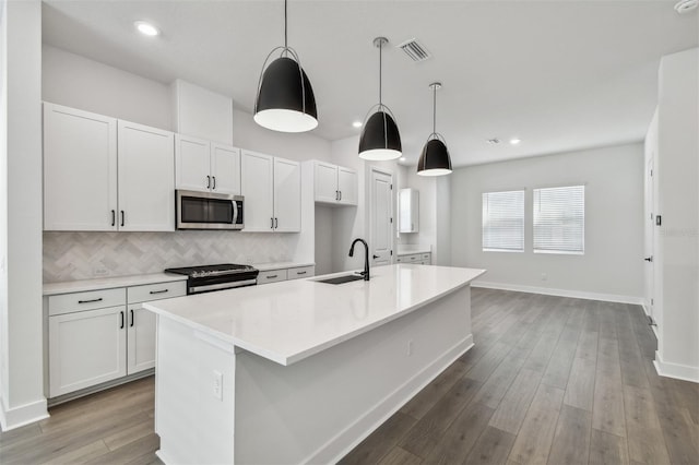 kitchen featuring white cabinetry, sink, stainless steel appliances, and an island with sink