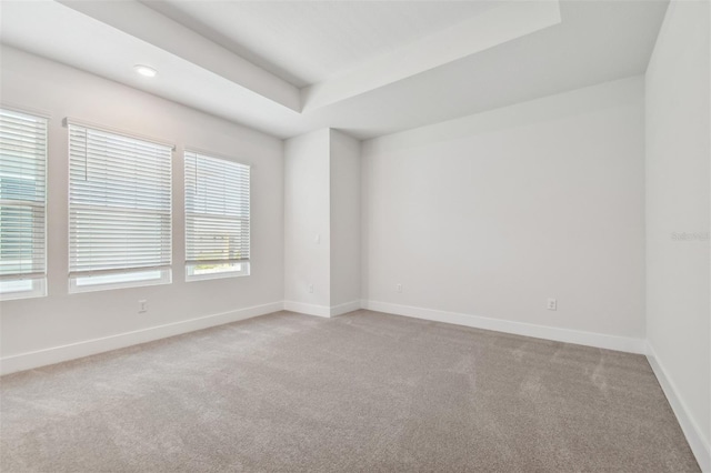 carpeted spare room featuring a tray ceiling