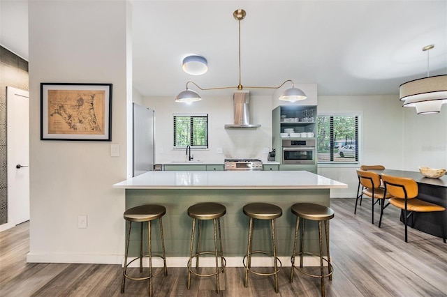 kitchen featuring wall chimney exhaust hood, hanging light fixtures, stainless steel appliances, and light wood-type flooring