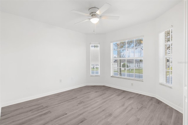 empty room with light hardwood / wood-style floors and ceiling fan