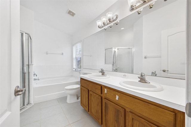 full bathroom with separate shower and tub, toilet, tile floors, and double sink vanity