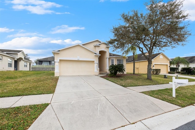 ranch-style house with a front yard and a garage