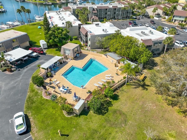 bird's eye view with a water view