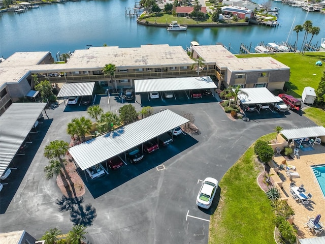 aerial view featuring a water view