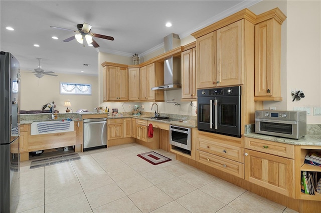 kitchen with appliances with stainless steel finishes, light stone counters, ceiling fan, crown molding, and wall chimney exhaust hood