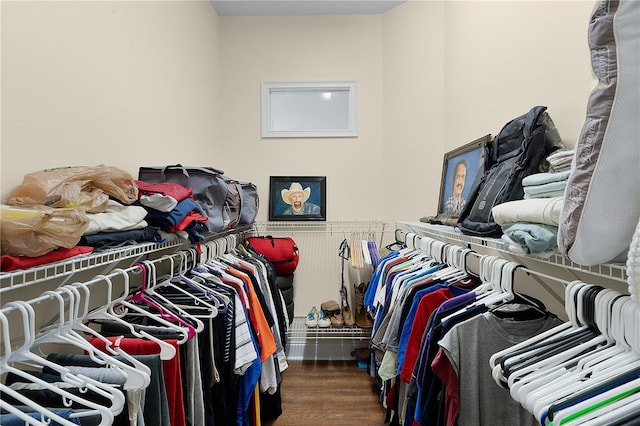 walk in closet with dark wood-type flooring