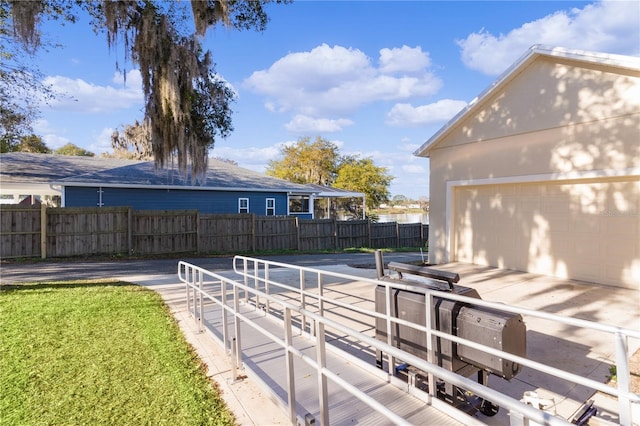 view of patio with a garage