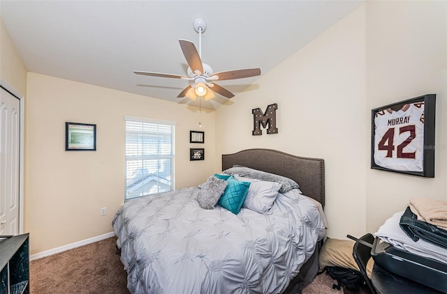 bedroom with ceiling fan and carpet flooring