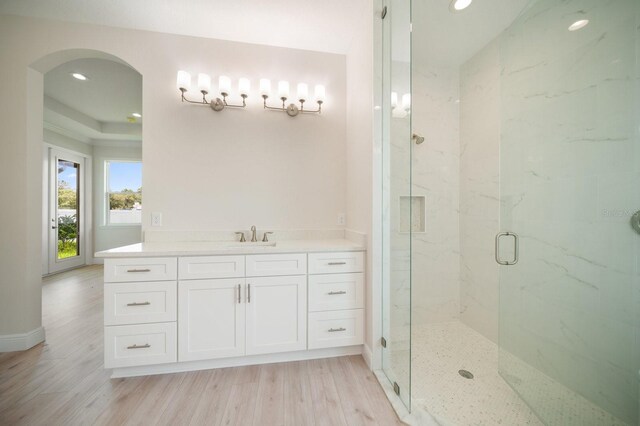 bathroom featuring an enclosed shower, vanity, and hardwood / wood-style flooring