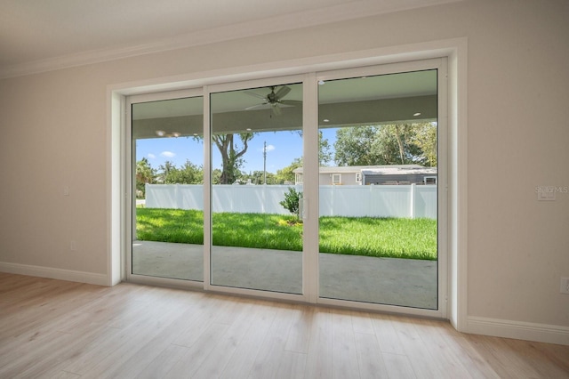 doorway with ceiling fan and light wood-type flooring