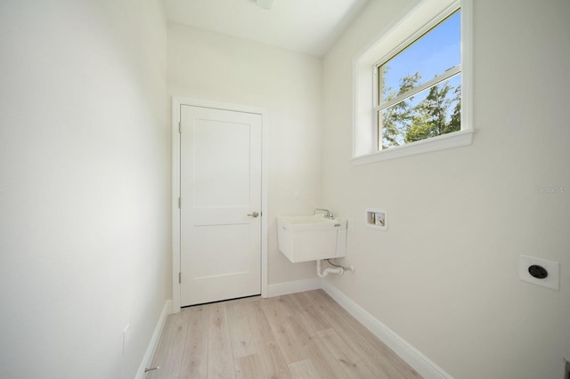 laundry room featuring electric dryer hookup, sink, and light wood-type flooring