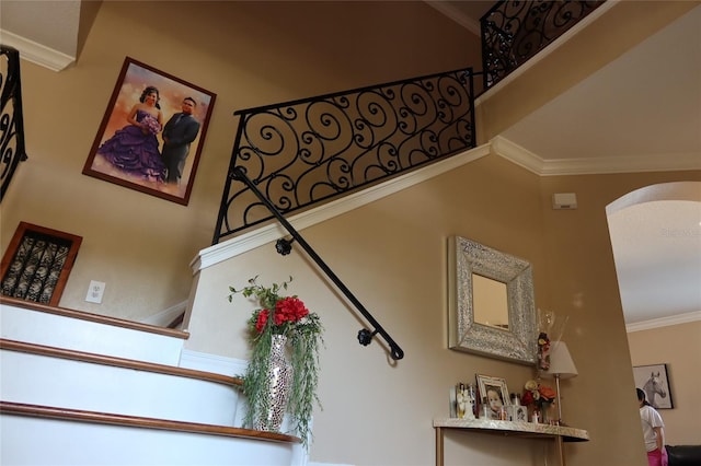 stairway featuring ornamental molding