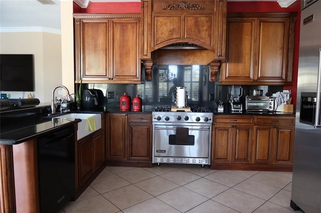 kitchen featuring light tile floors, stainless steel appliances, sink, backsplash, and ornamental molding